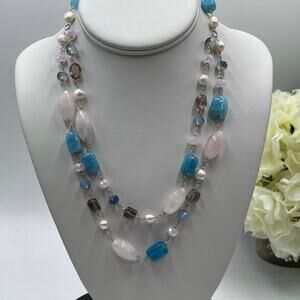 Handmade Sterling 925 Pink Blue Quartz Freshwater Pearl Double Strand Necklace